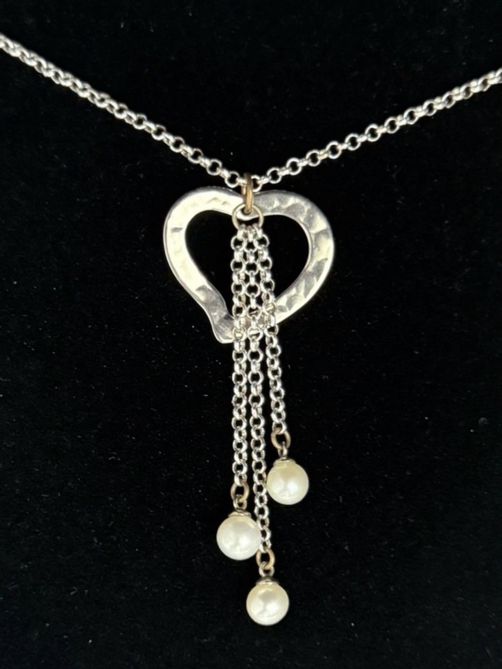 Hammered Heart w 3 Pearls Statement Pendant and Necklace